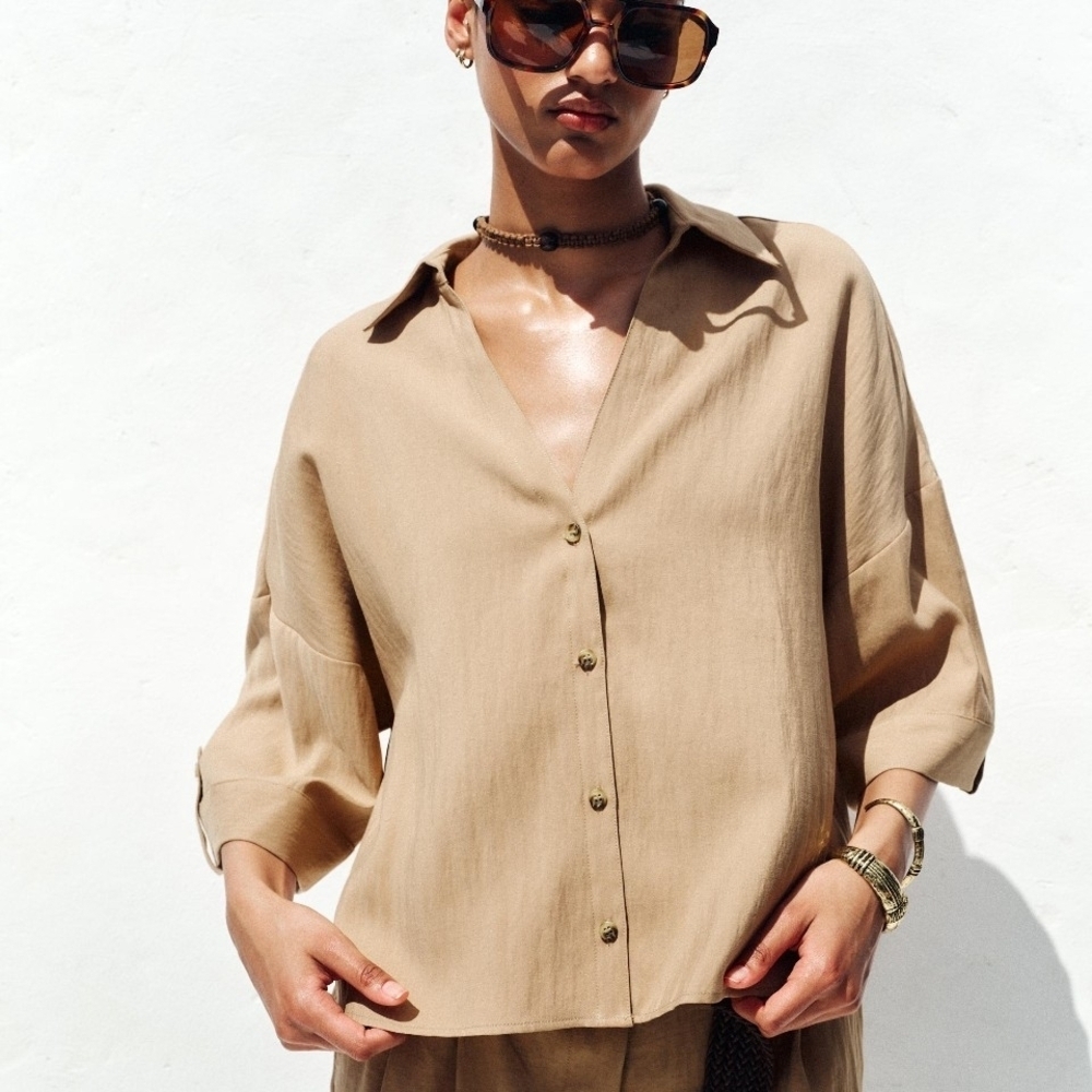 NWT Zara Collared Button-Front Boxy Collared Shirt In Tan - S - Picture 2 of 8